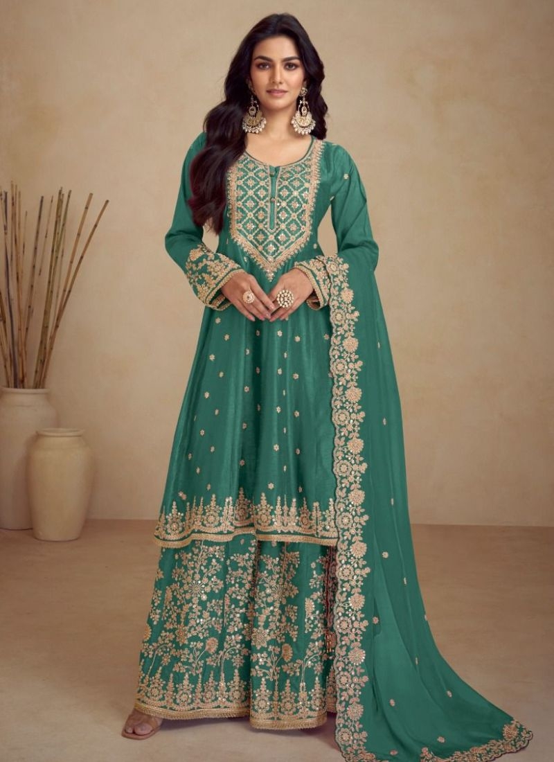 Stunning heavy thread embroidered Chinon palazzo suit in green