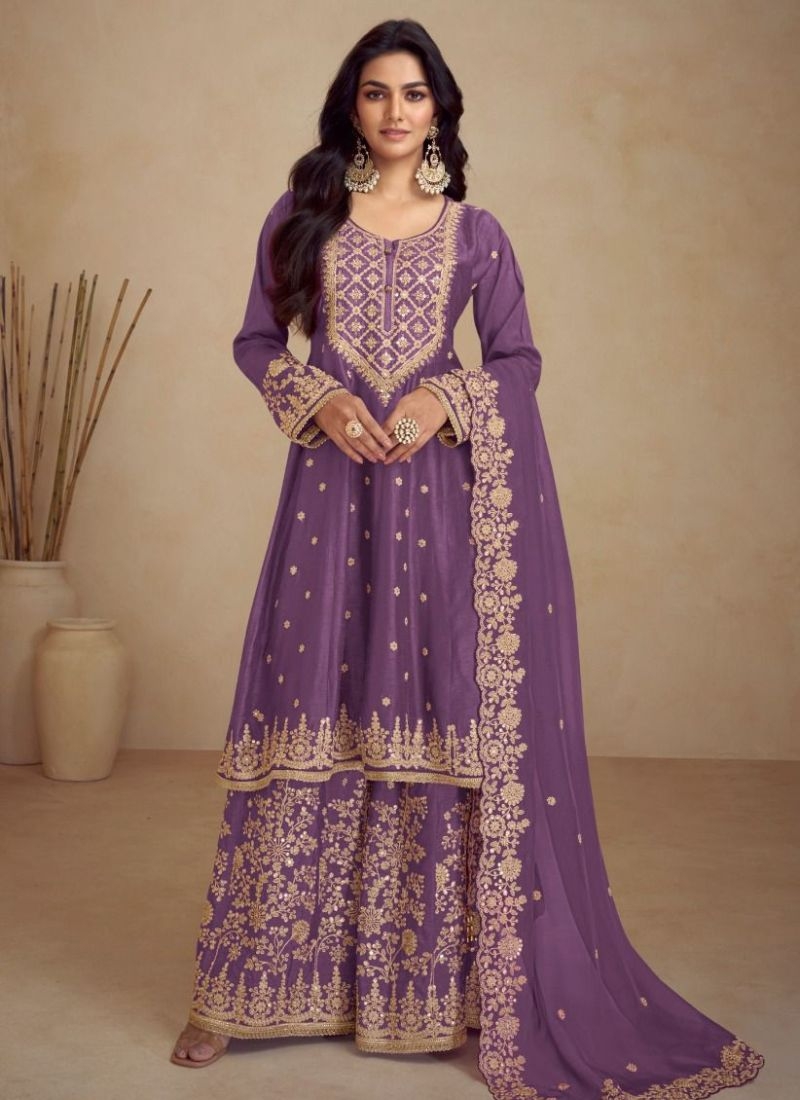 Stunning heavy embroidered Chinon palazzo suit in purple