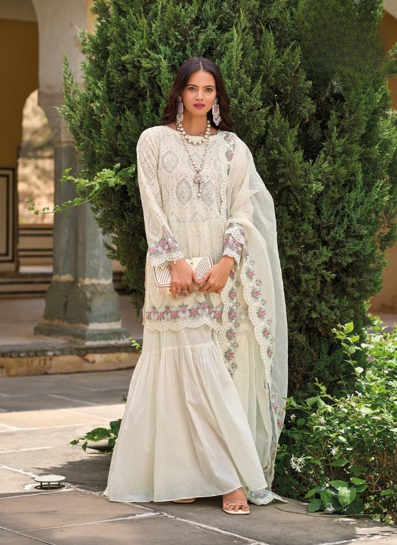 Beautiful embroidered cotton sharara suit in white