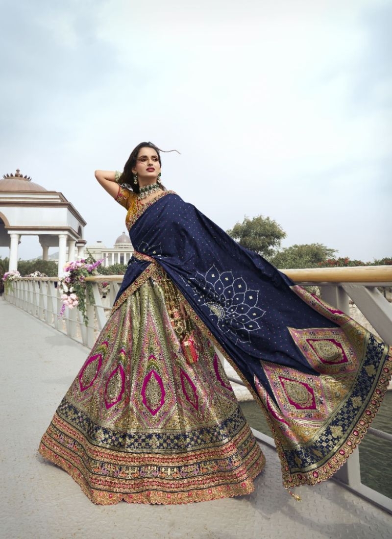 Stunning embroidered banarasi silk lehenga choli in dark blue