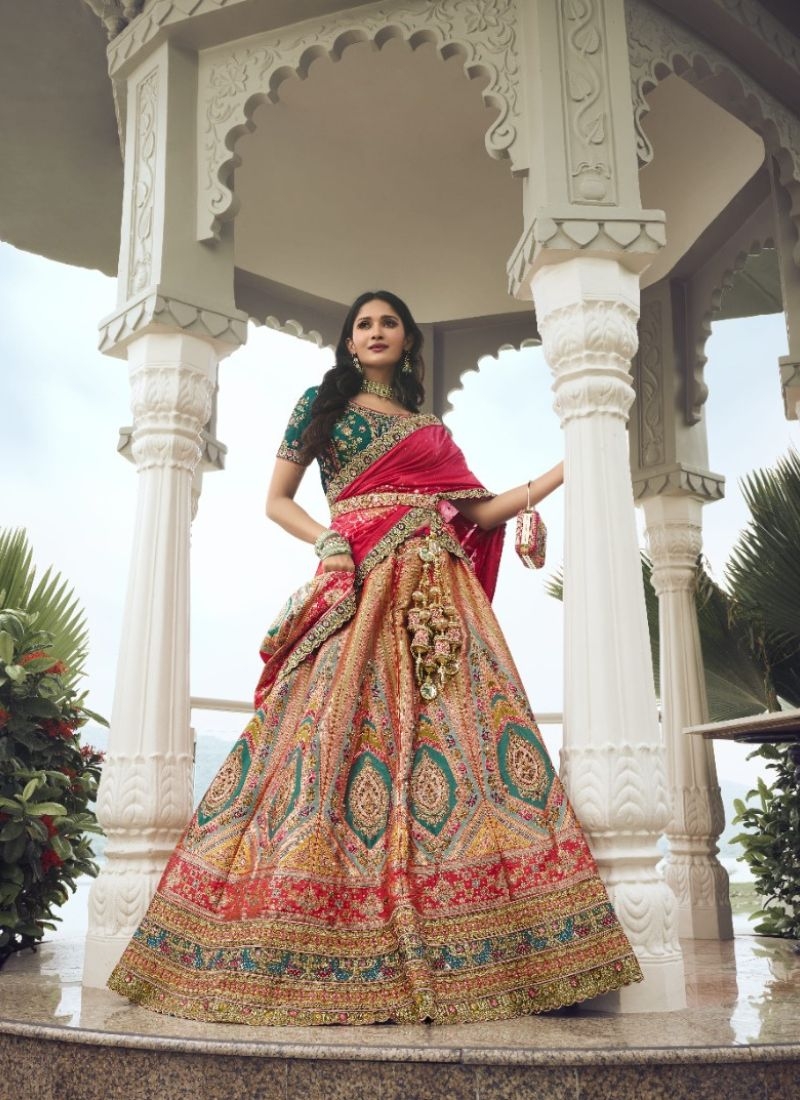 Stunning embroidered banarasi silk lehenga choli in dark green