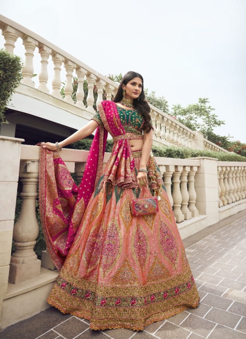 Stunning embroidered banarasi silk lehenga choli in baby pink