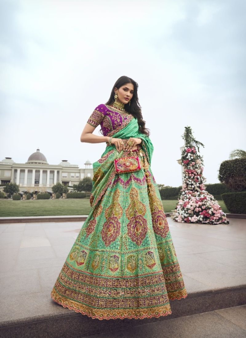 Stunning embroidered banarasi silk lehenga choli in green