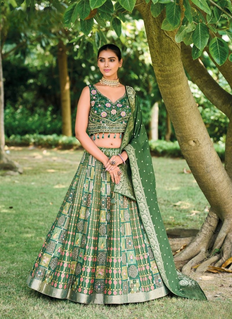 Exquisite thread weaving silk lehenga choli in dark green