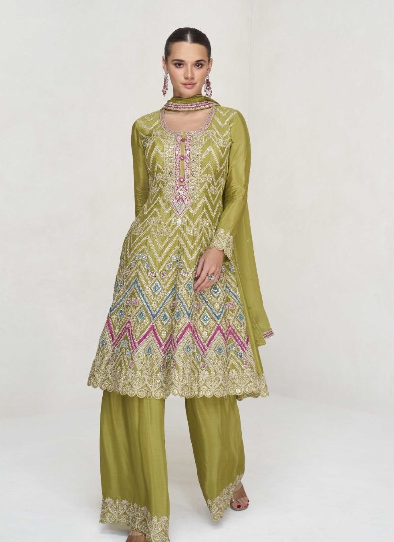 Beautiful embroidered Chinon palazzo suit in green