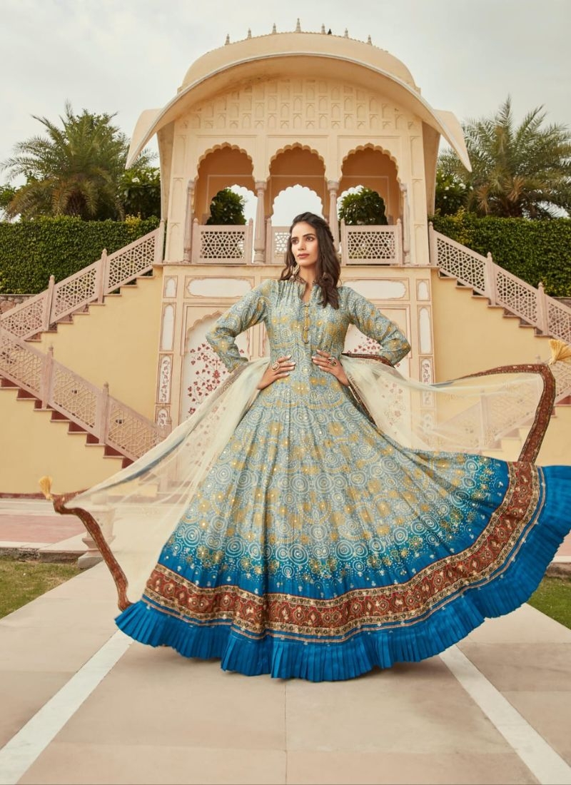 Designer digital printed silk anarkali suit in sky blue