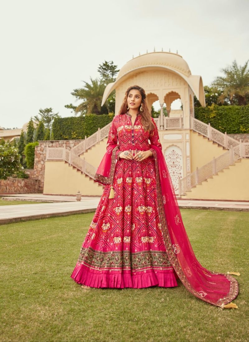 Designer digital printed silk anarkali suit in hot pink