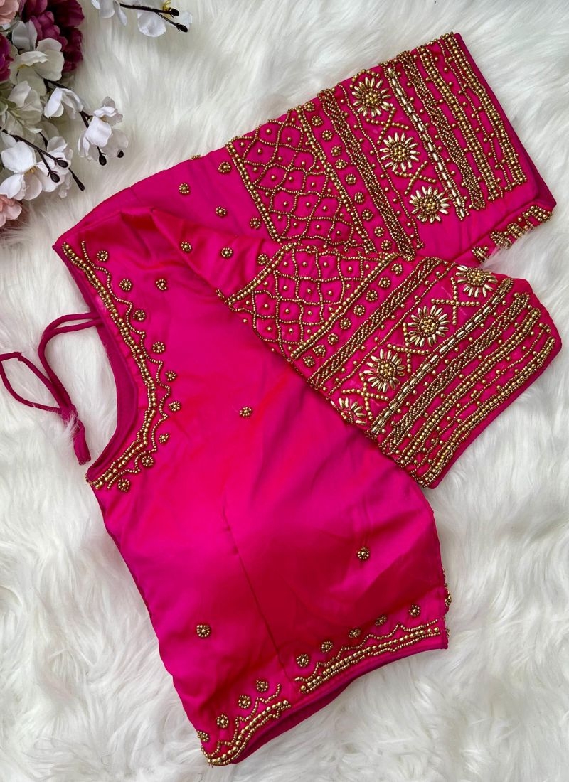 Designer heavy embroidered silk blouse piece in pink