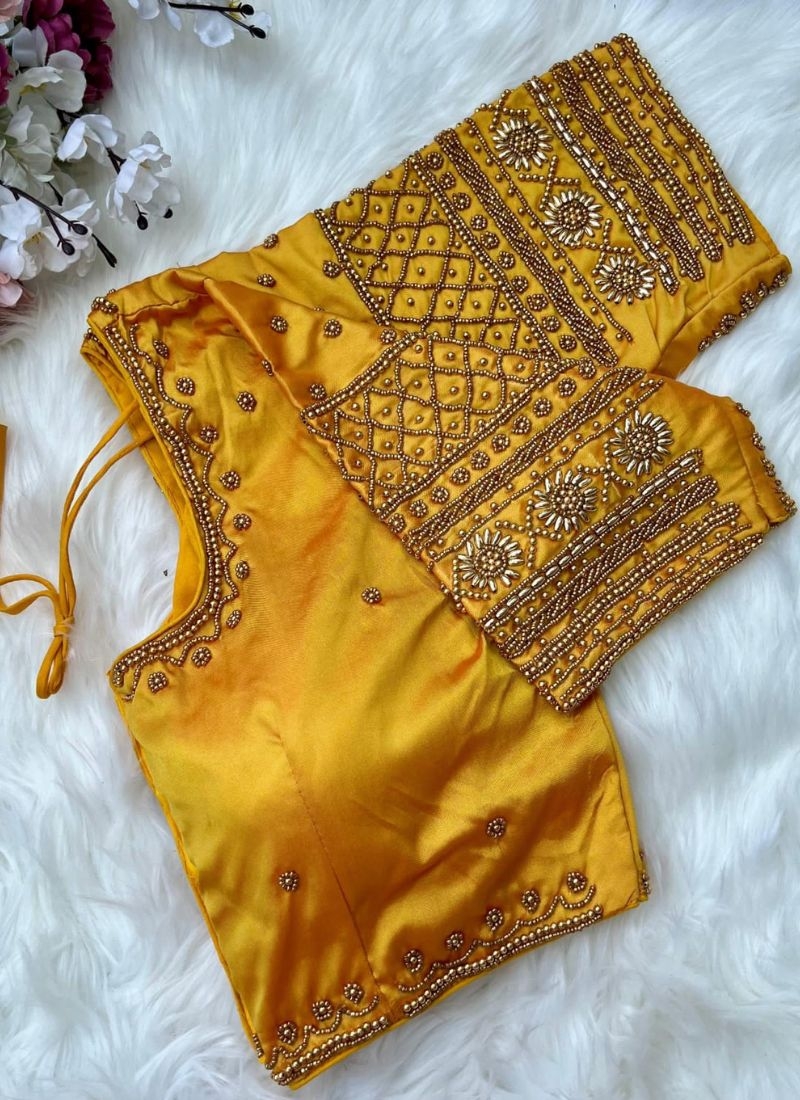 Designer heavy embroidered silk blouse piece in yellow