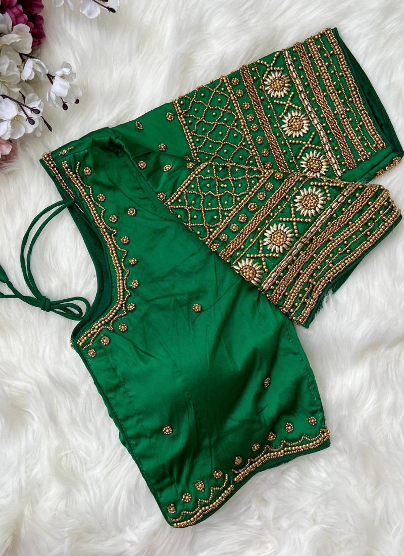 Designer heavy embroidered silk blouse piece in dark green