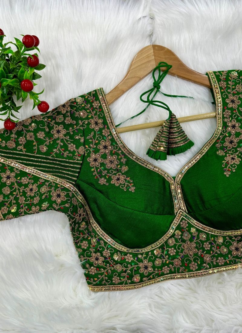 Gorgeous embroidered silk blouse in dark green