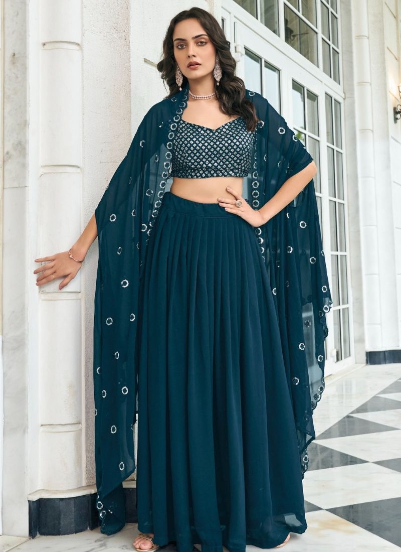 Designer heavy embroidered faux georgette crop top in dark blue