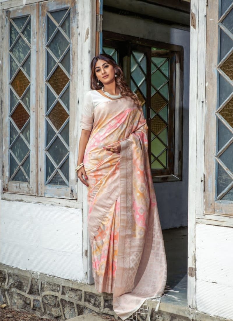 Designer digital printed silk saree in pearl white