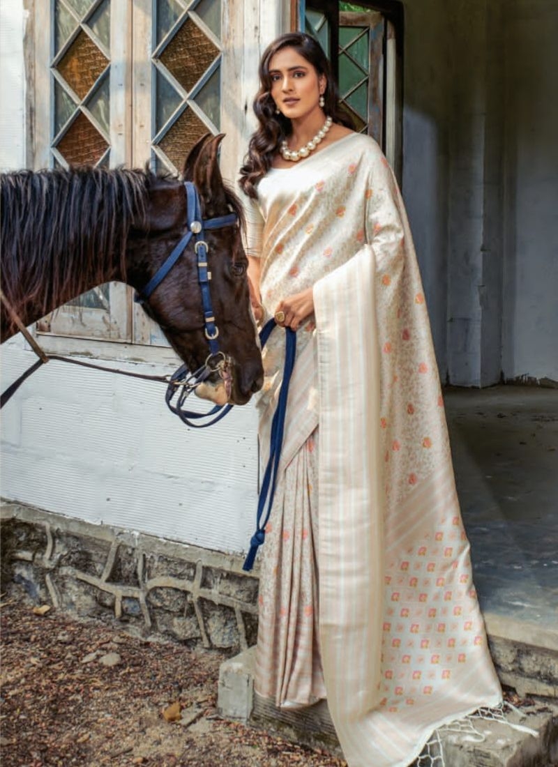 Designer digital printed silk saree in cream