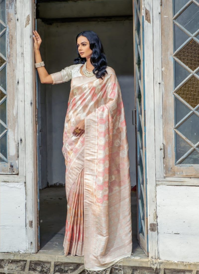 Designer digital printed silk saree in off white