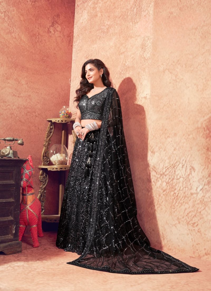 Designer embroidered net lehenga choli in black