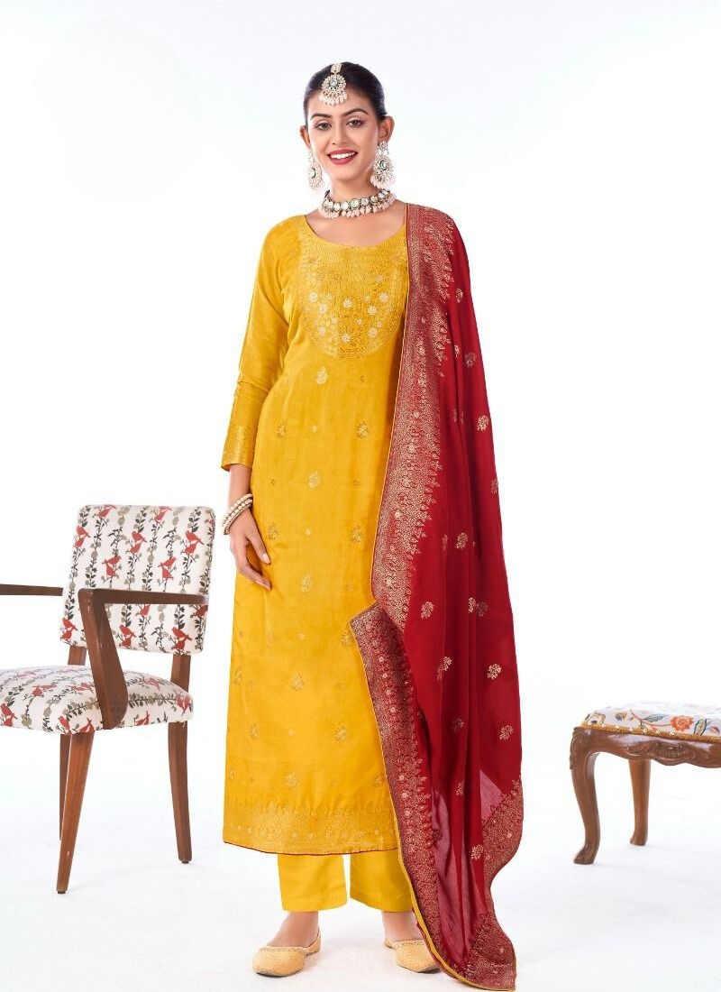 Stunning pure muslin jacquard printed kurta pant suit in yellow