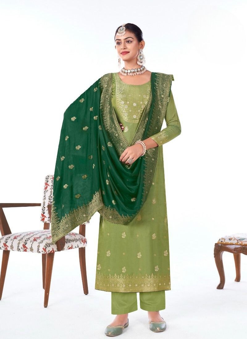 Stunning pure muslin jacquard printed kurta pant suit in green