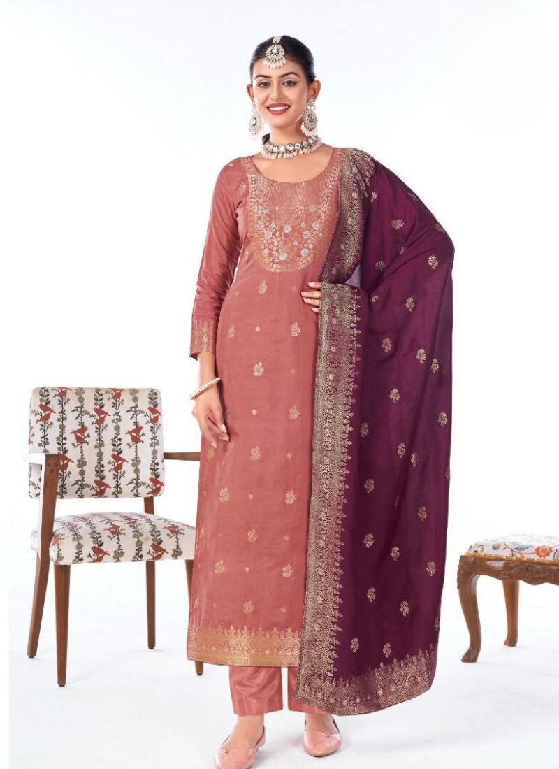 Stunning pure muslin jacquard printed kurta pant suit in pink