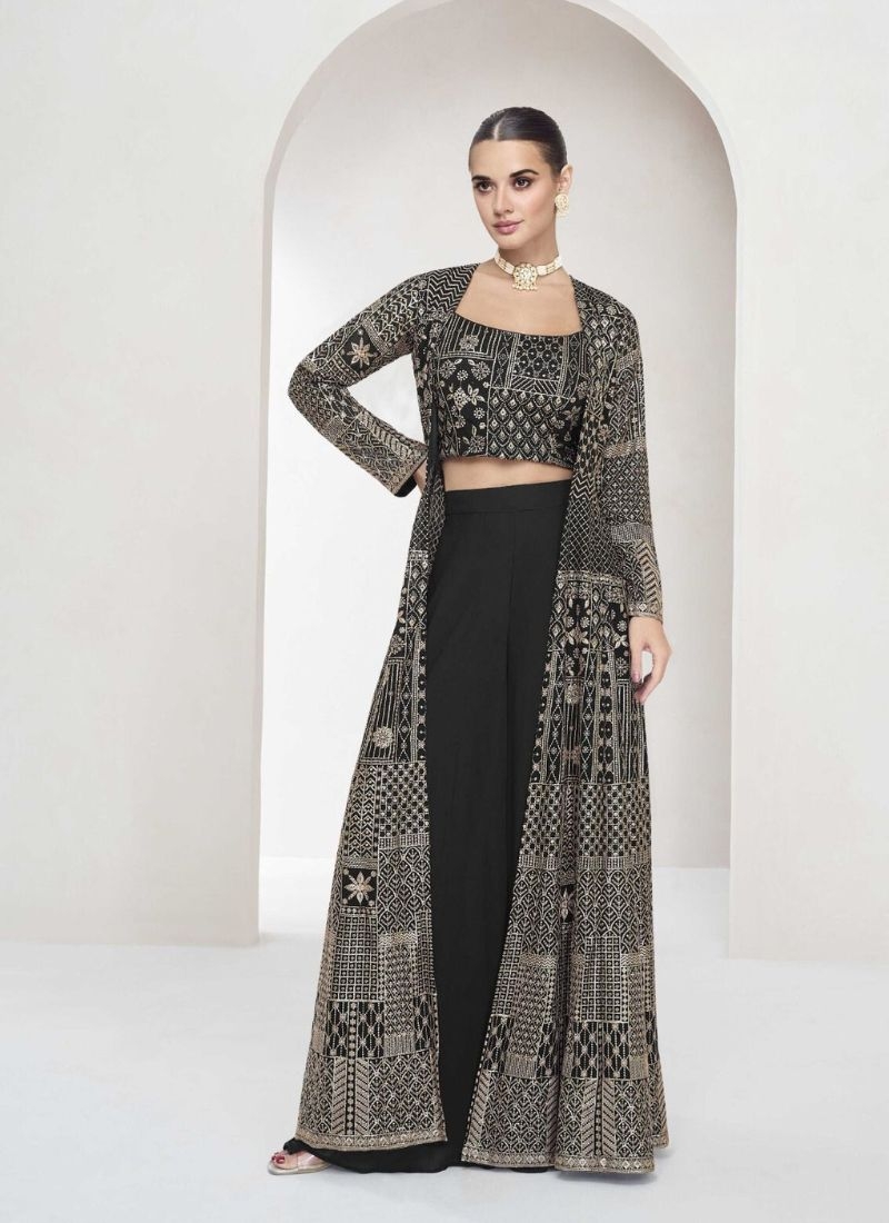 Designer real georgette mirror embroidered crop top set in black