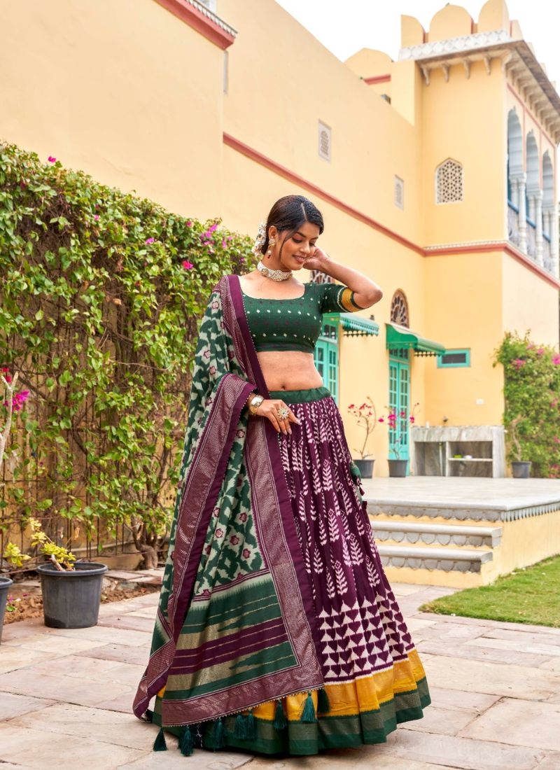 Designer printed tussar silk lehenga choli in purple