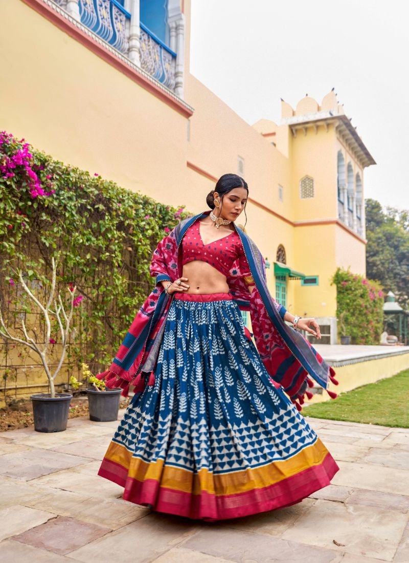 Designer printed tussar silk lehenga choli in blue