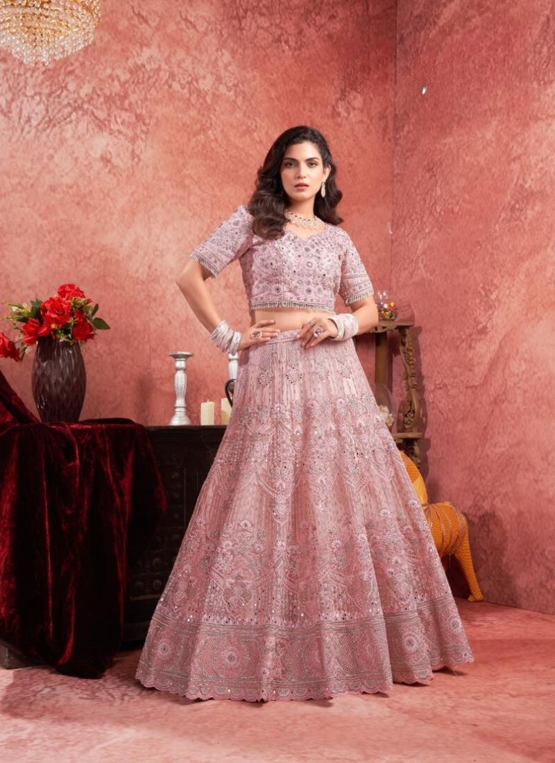 Designer heavy embroidered georgette lehenga choli in baby pink