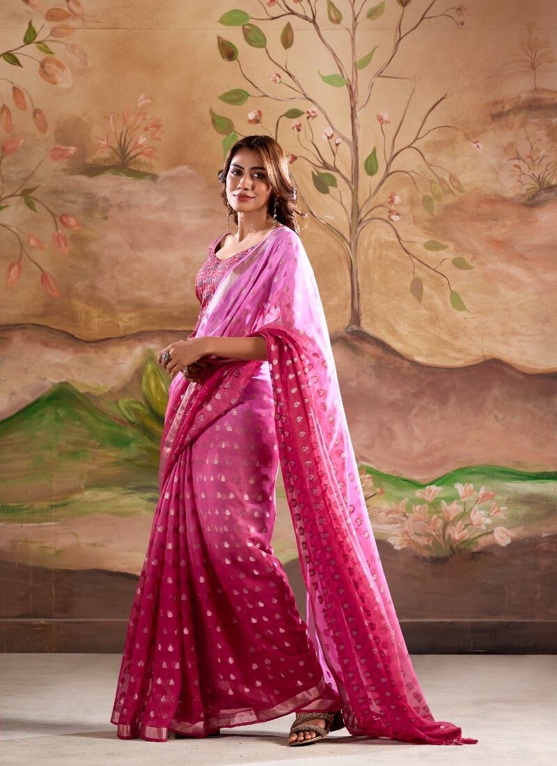 Digitally printed zari weaving georgette silk saree in pink