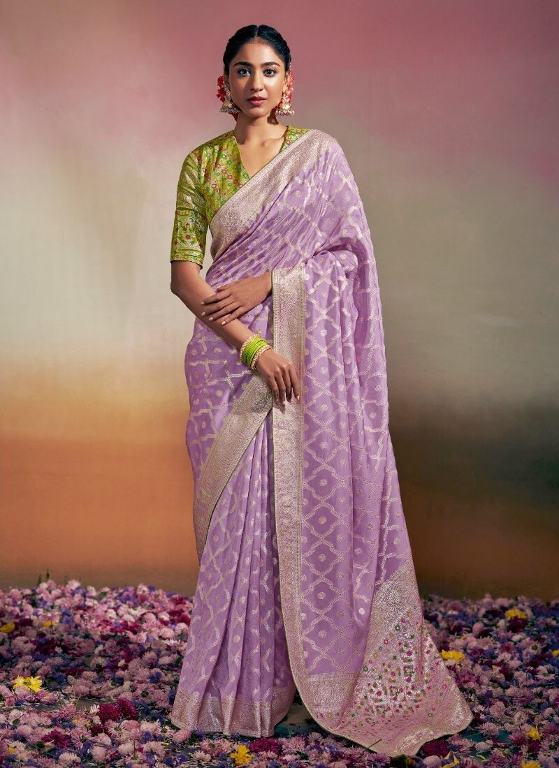 Designer hand weaving soft dola silk saree in purple