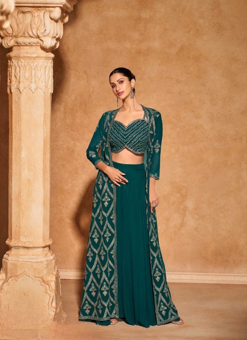 Exquisite heavy embroidered georgette crop top with long shrug in dark green