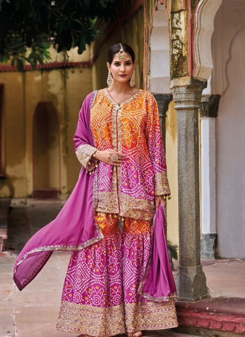 Beautifully printed chinon sharara suit in pink