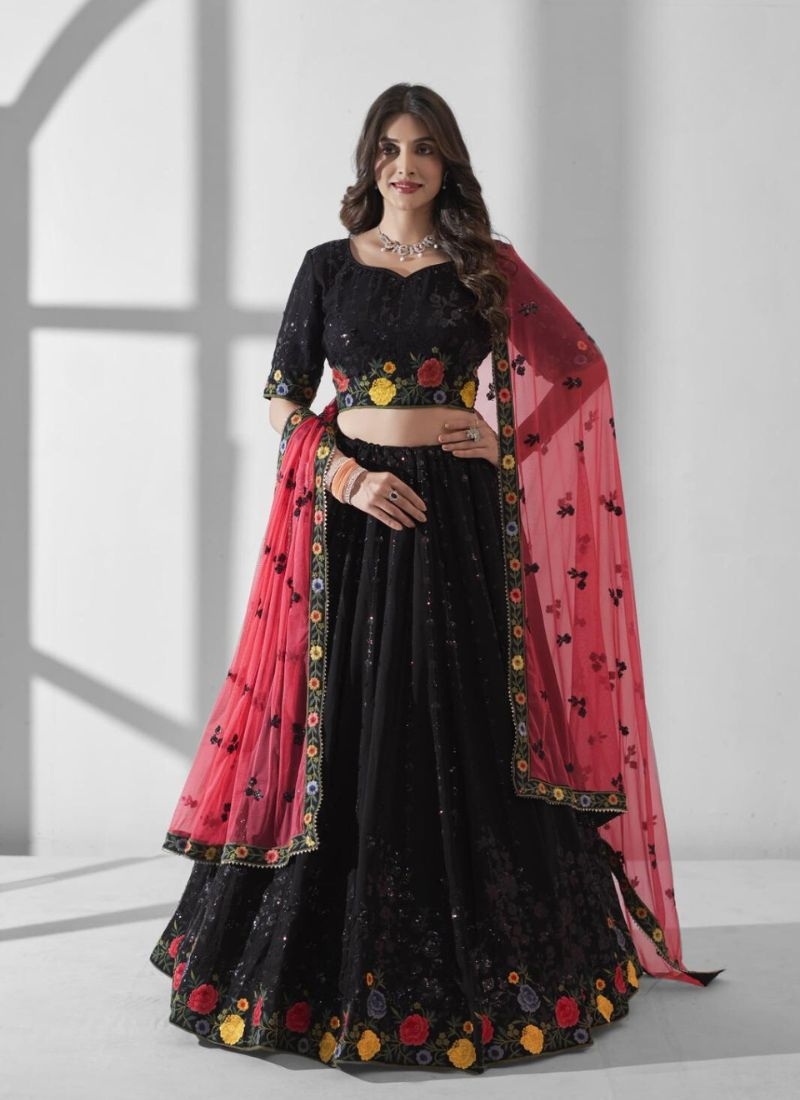 Beautiful multi-embroidered georgette lehenga in black