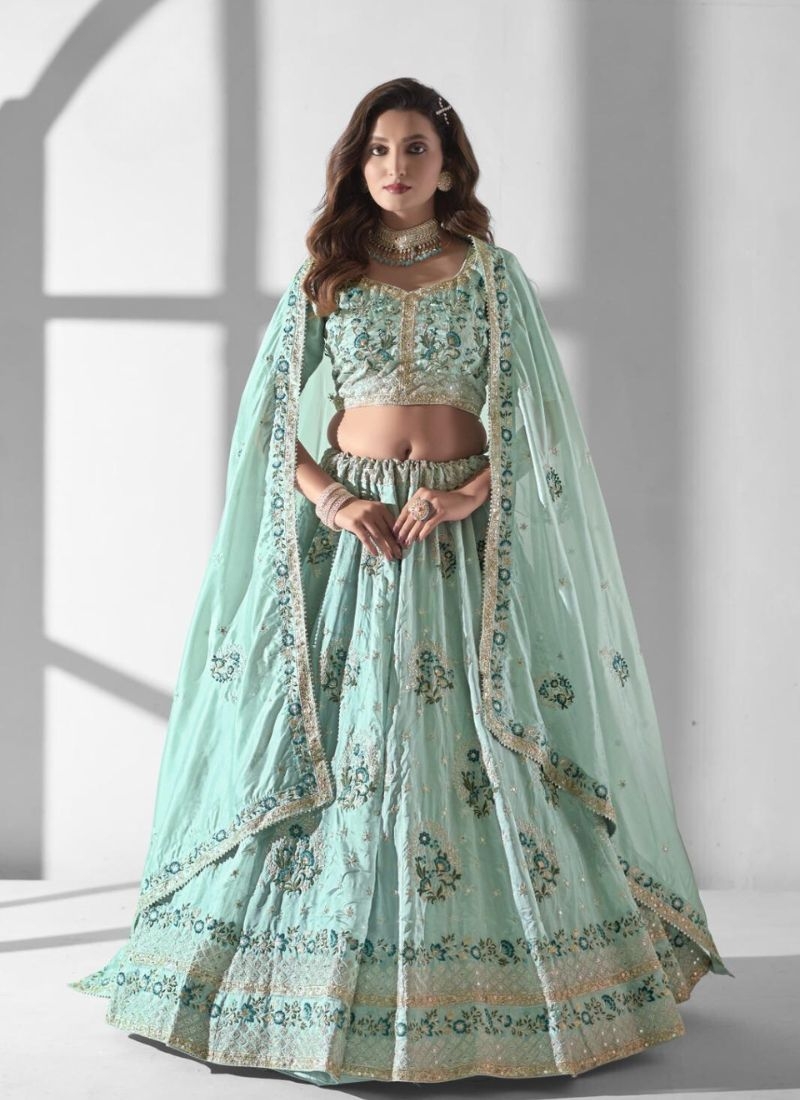 Designer heavy embroidered pure cotton lehenga choli in sky blue