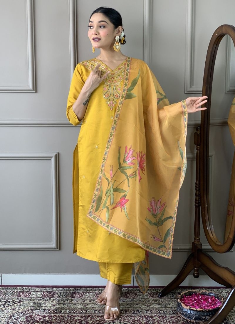 Beautiful jacquard printed Chinon kurta pant suit in mustard