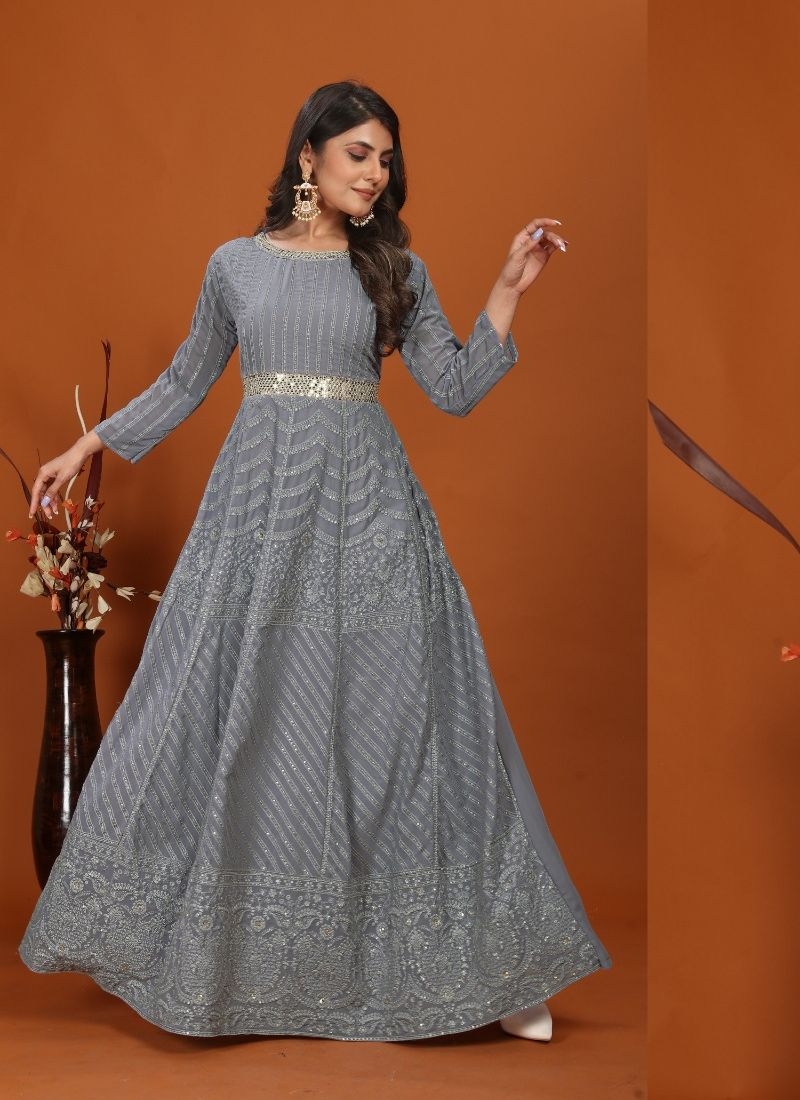 Designer heavy embroidered faux georgette anarkali suit in grey