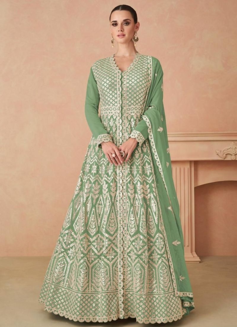 Designer thread embroidered georgette anarkali suit in green