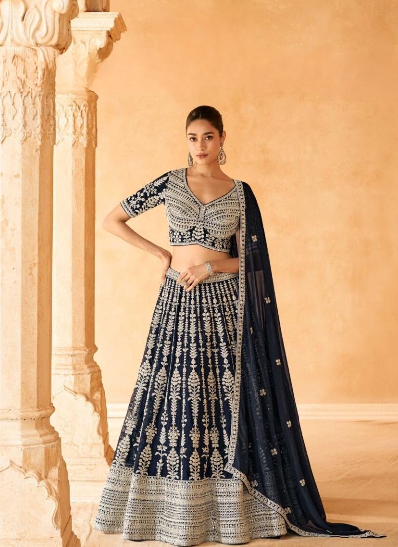 Premium exquisite embroidered georgette lehenga choli in dark blue