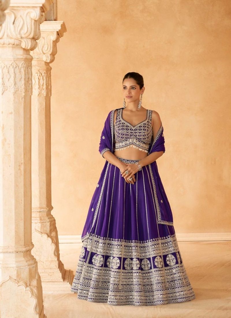 Premium exquisite embroidered georgette lehenga choli in dark purple