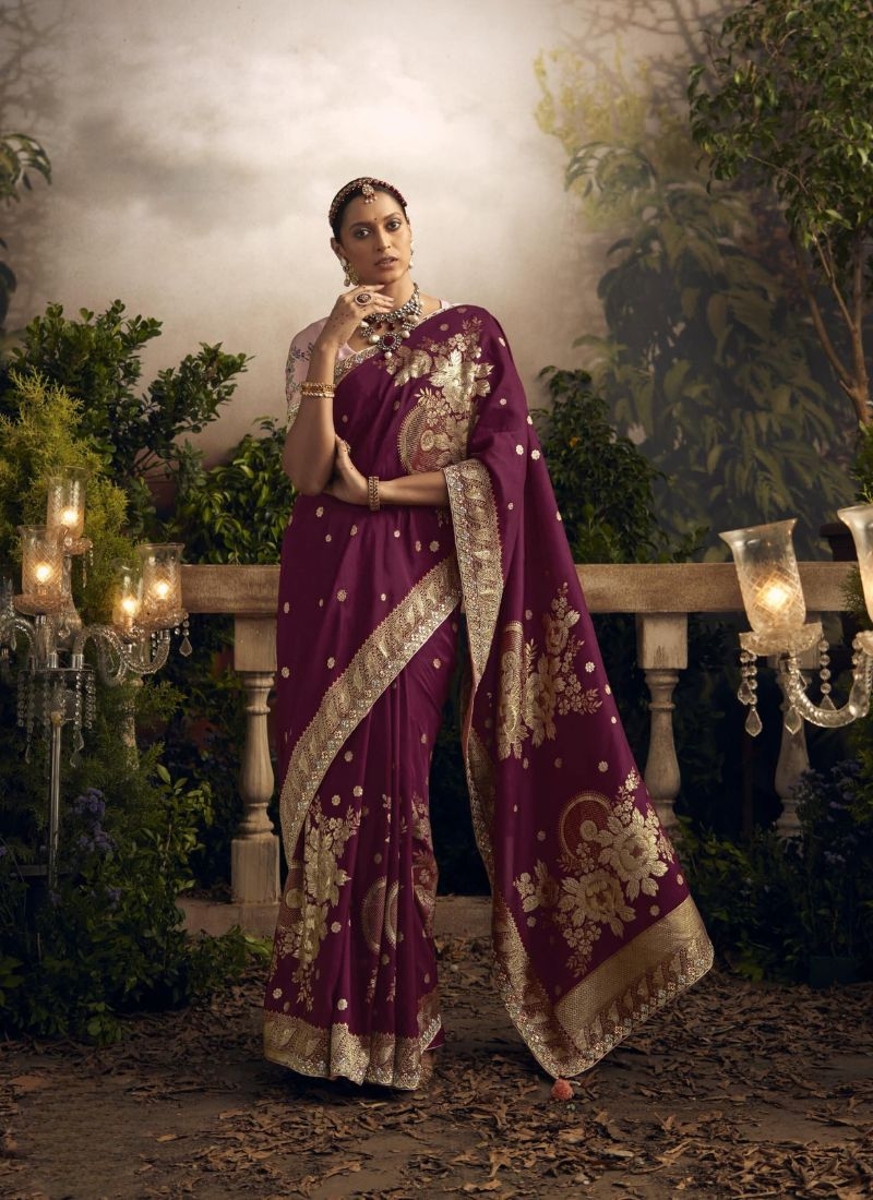 Exquisite sequin worked dola silk saree in dark purple