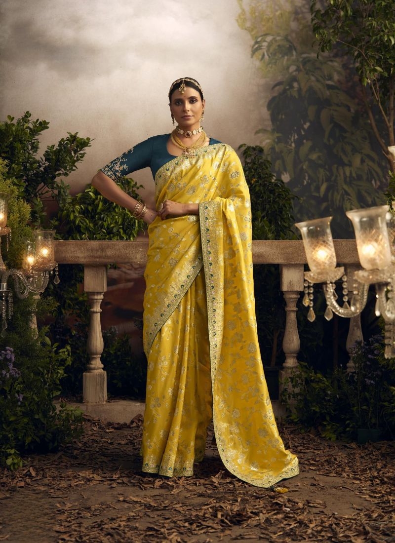 Exquisite sequin worked dola silk saree in yellow