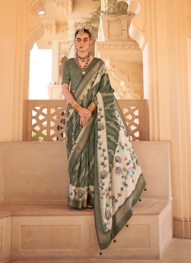 Elegant floral printed silk saree in dark green