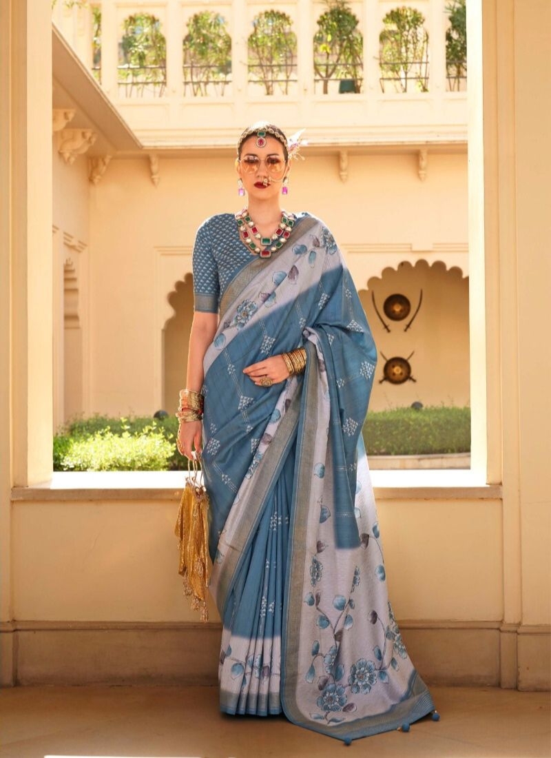 Elegant floral printed silk saree in blue