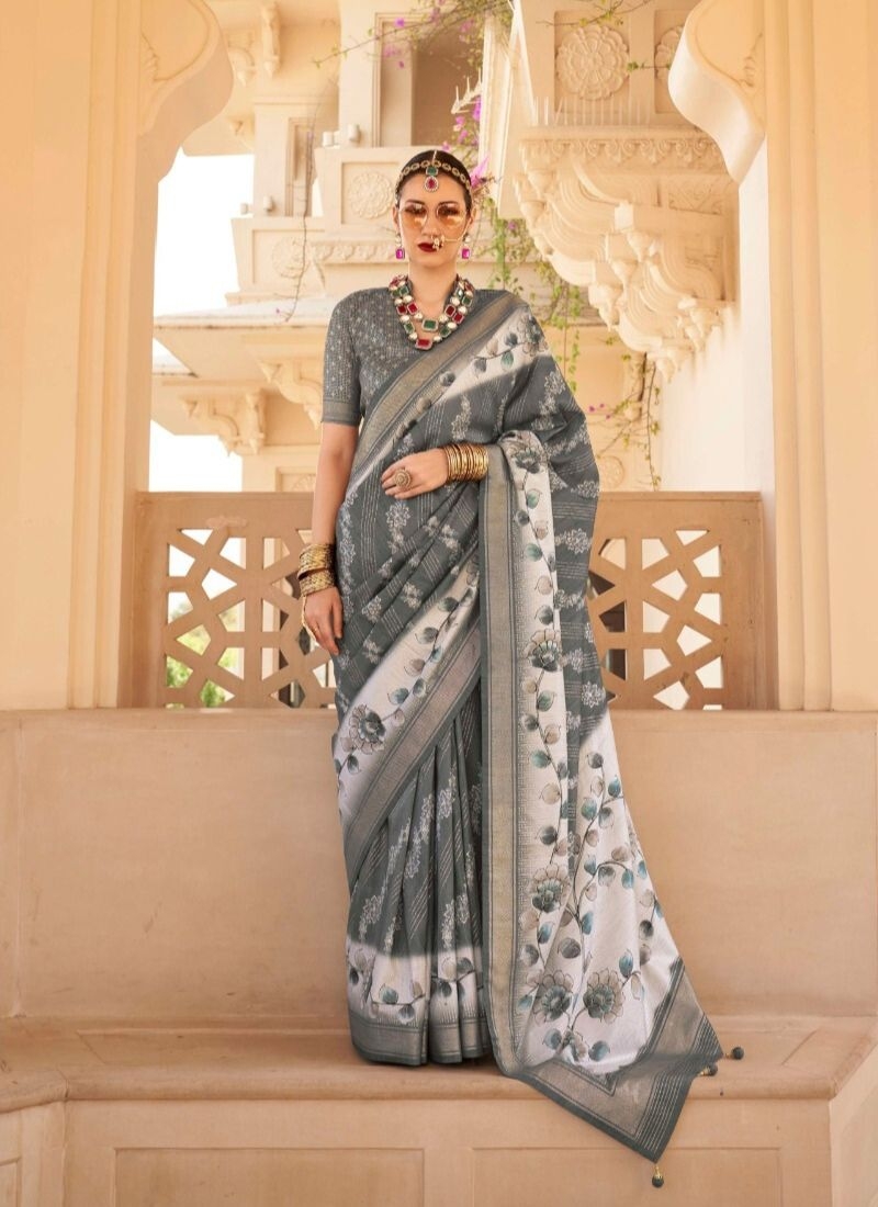 Elegant floral printed silk saree in grey