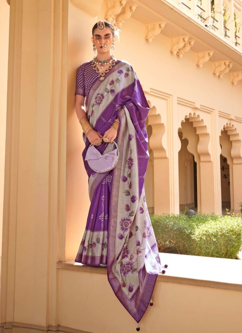 Elegant floral printed silk saree in purple