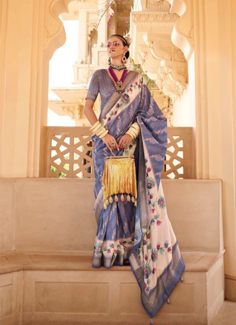 Elegant floral printed silk saree in viloet