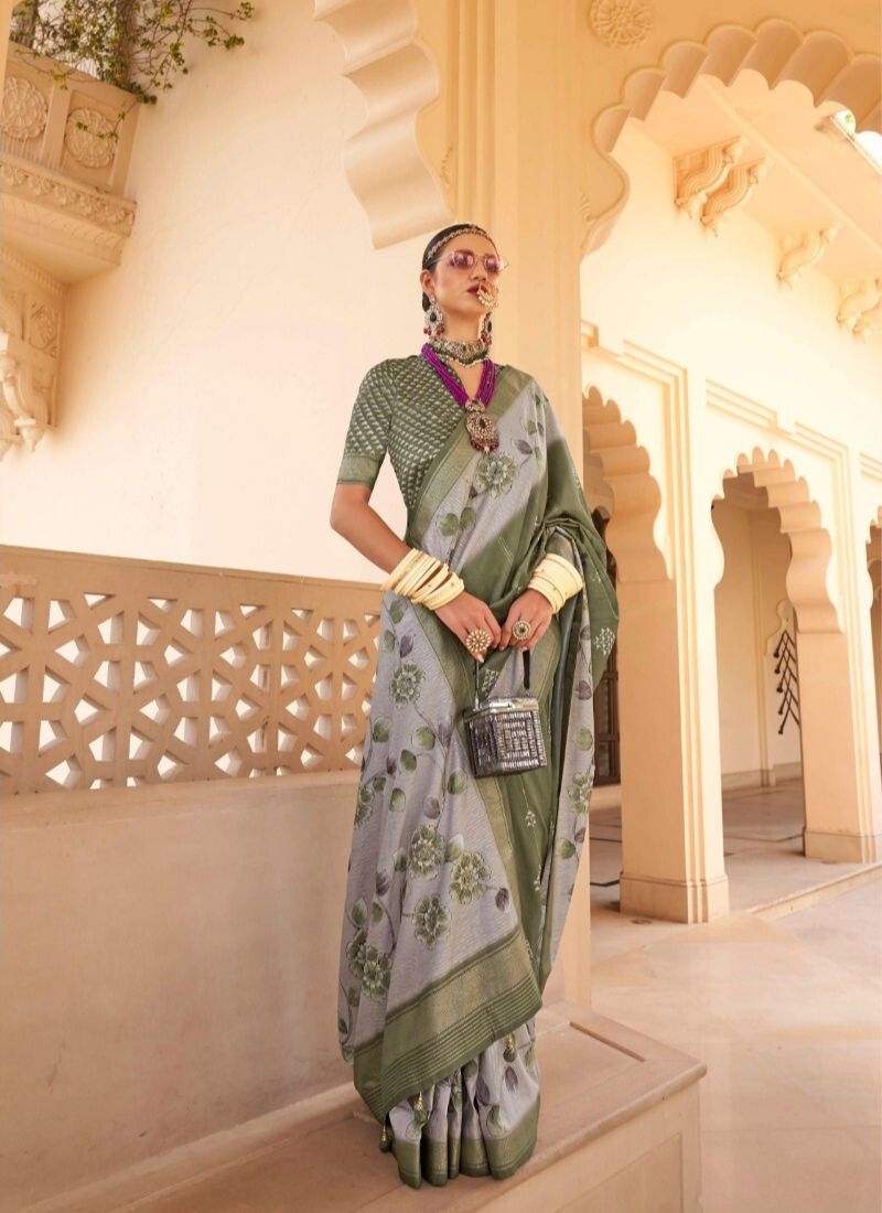 Elegant floral printed silk saree in green