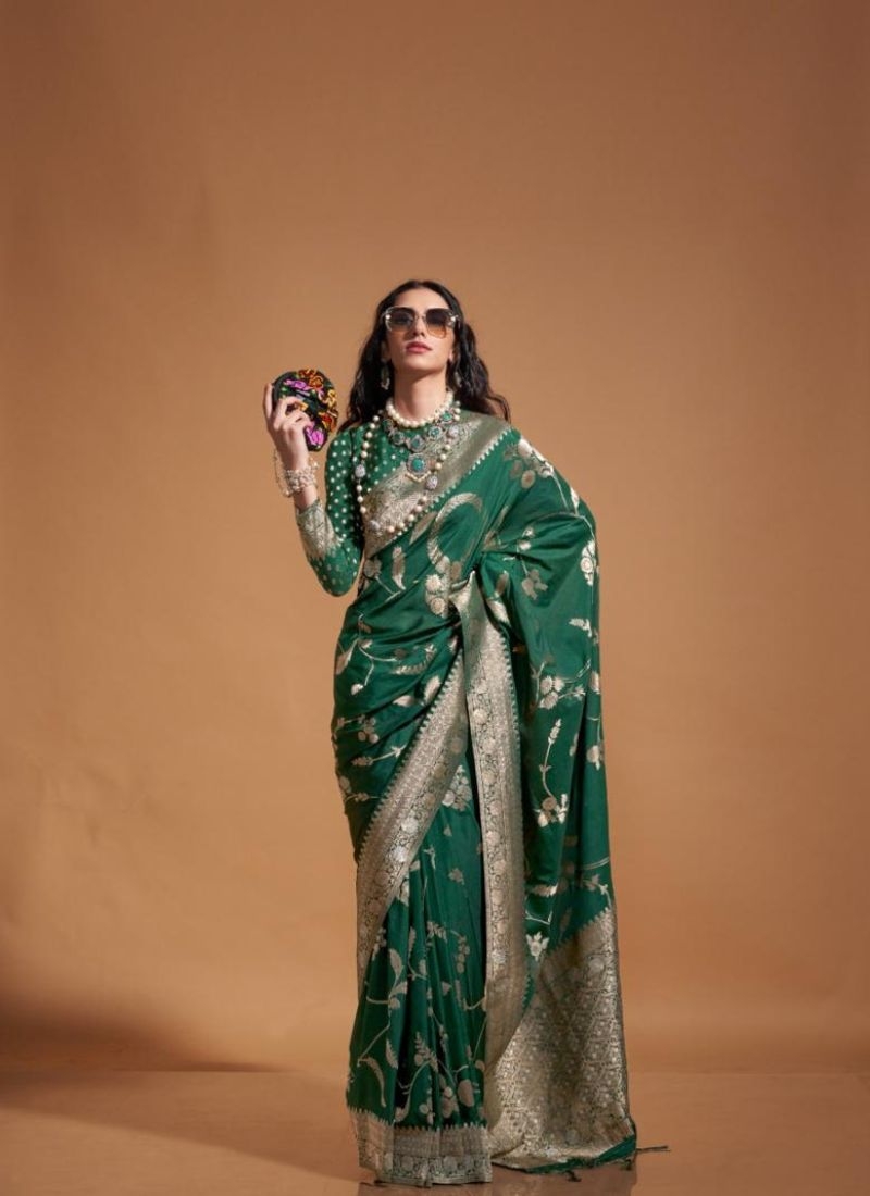 Beautiful georgette handloom weaving saree in dark green