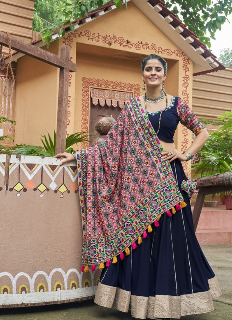 Beautiful mirror embroidered viscose rayon lehenga choli in navy blue