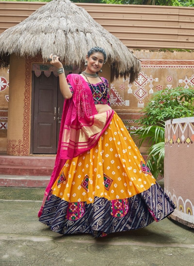 Beautiful mirror embroidered viscose rayon lehenga choli in yellow