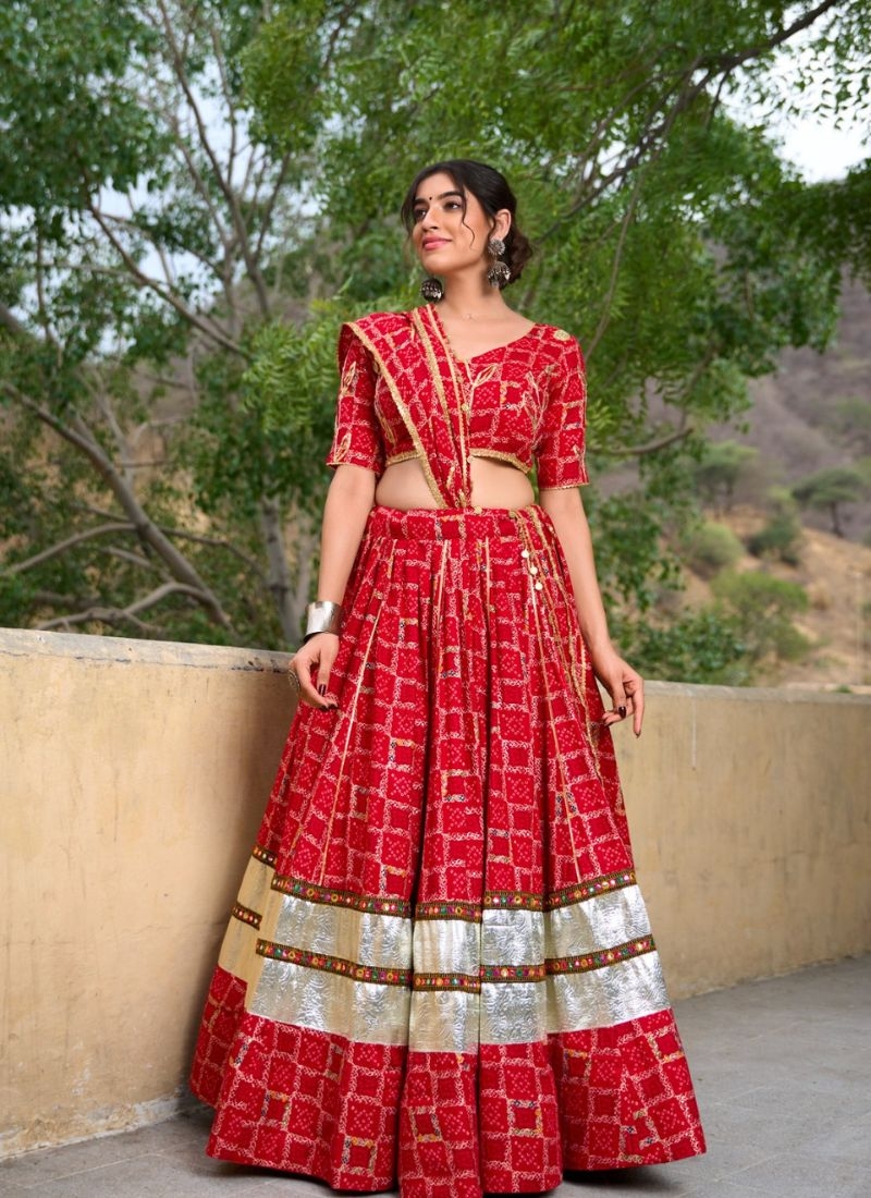 Designer gotta Patti's work rayon lehenga choli in red